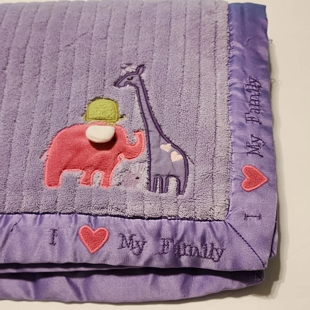 Carter's purple plush blanket I love my family Elephant Giraffe